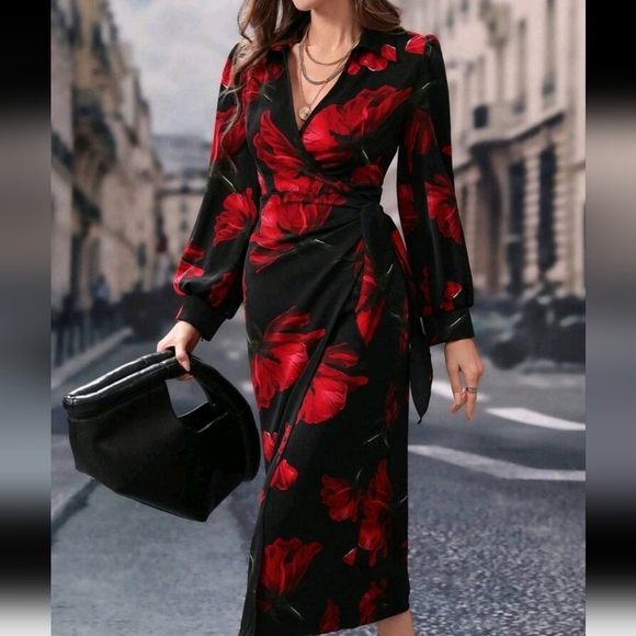 Modely Long Sleeve V-Neck Allover Floral Print Casual Dress For New Year C - Picture 5 of 5